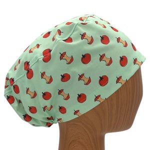 Apple Print Euro Scrub Cap | Fun Foodie Nurse Hat | Green Medical Hair Cover | Adjustable Fit | Satin Lined Option | Personalizable