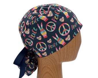Rainbow Peace Ponytail Scrub Cap, Fun Nurse Hat with Back Tie, Optional Satin Lining, Personalize with Name Embroidery