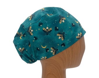 Firefly Euro Scrub Cap for Women – Teal Glow Bug Surgical Hat – Adjustable Nurse Hair Cover for Long Hair