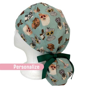 Dog ponytail scrub cap personalized, Animal surgical hat with button, Ribbon tie medical cap for long hair, Custom veterinarian gift, NP RN