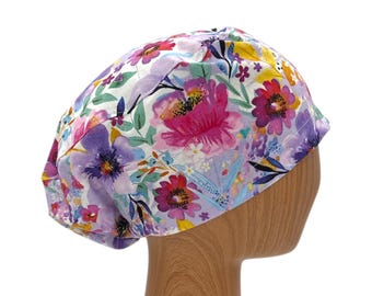 Pink Floral Euro Scrub Cap with Satin Option – Adjustable Bouffant Hat for Long Hair – Personalized Nurse Gift