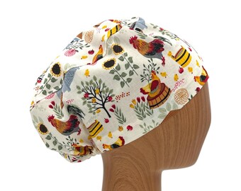 Chicken Print Euro Scrub Cap with Satin Lining: Farm Animal Surgical Hat