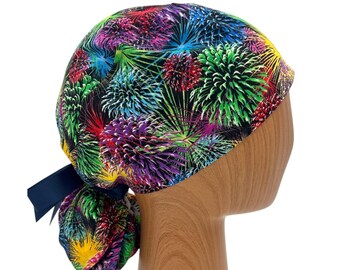 Colorful Fireworks Ponytail Scrub Cap, Long Hair Surgical Cap, Adjustable Nurse Scrub Hat, Medical Hair Cover, Satin Option