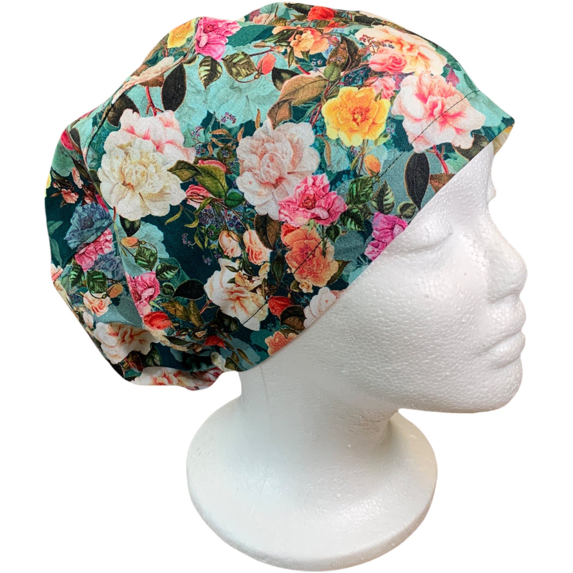 Women Adjustable Scrub Cap Green Floral 