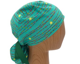 Christmas Light Ponytail Scrub Cap, Personalized Winter Surgical Hat with Buttons, Ribbon Tie Medical Cap for Long Hair, Satin Lined Option