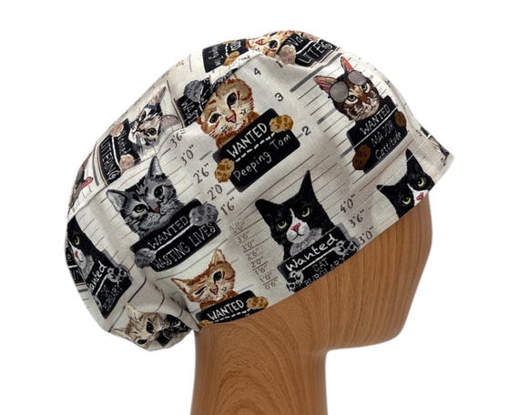 Funny Cat Mugshot Euro Scrub Cap – Adjustable Nurse Hat, Satin Lining Option, Personalizable Gift for Cat Lovers in Healthcare