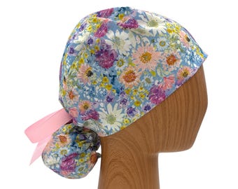 Wildflower Ponytail Scrub Cap with Satin Lining & Embroidery Personalization, Floral Surgical Hat for Long Hair, Handmade Nurse Gift