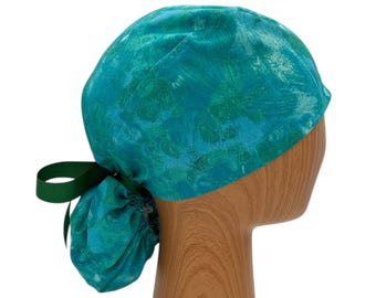 Green Ponytail Scrub Cap with Painterly Texture, Adjustable Hair Cover for Long Hair, Satin Option, Personalized Nurse Hat