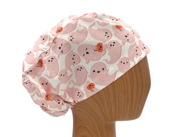 Pink Boo Ghost Halloween Euro Scrub Cap with Satin Lining & Embroidery Personalization – Cute Surgical Hat with Pumpkins for Women