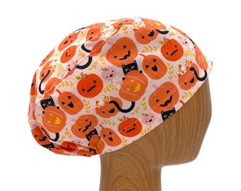Halloween Pumpkin Scrub Cap with Satin Lining & Embroidery Personalization, Euro Style Surgical Hat with Cats and Jack-O’-Lanterns