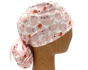Pink Ghost Halloween Ponytail Scrub Cap with Satin Lining, Embroidery Personalization, Cute Surgical Hat for Women, Long Hair