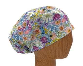 Floral Euro Scrub Cap for Women, Adjustable Toggle, Nurses Doctors Dentists Headwear, Cotton Scrub Hat with Pink & Purple Watercolor Flowers