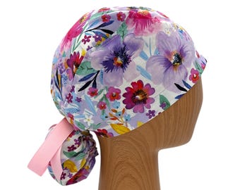 Pink Floral Ponytail Scrub Cap with Satin Option – Adjustable Surgical Hat for Long Hair – Personalized Nurse Gift