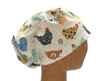 Farm Animal Chicken Euro Scrub Cap with Satin Lining, Embroidery Personalization, Rooster Surgical Hat, Veterinary Surgery Cap for Women