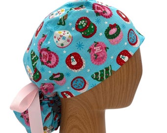 Christmas Festive Ponytail Scrub Cap for Women, Satin Lined Option, Embroidery Personalization, Holiday Nurse Hat, Winter Surgical Cap, Gift