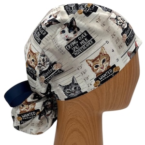 Adjustable Cat Mugshot Scrub Cap for Long Hair – Fun Animal Print, Satin Lining Option
