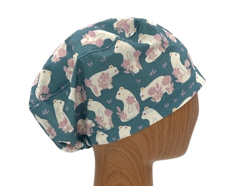 Flower Bear Euro Scrub Cap in Teal, Adjustable Nurse Hat for Long Hair, Optional Satin Lining, Custom Embroidery Available