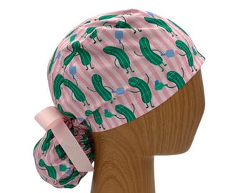 Cute ponytail scrub cap, Personalized surgical hat, Ribbon tie medical cap for long hair, Custom nurse gift, PICU RN NP Kitchen dentist