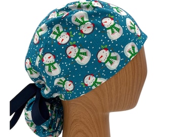 Snowman Christmas Ponytail Scrub Cap for Women, Satin Lined Option, Embroidery Personalization, Holiday Surgical Hat, Winter Nurse Hair Cap