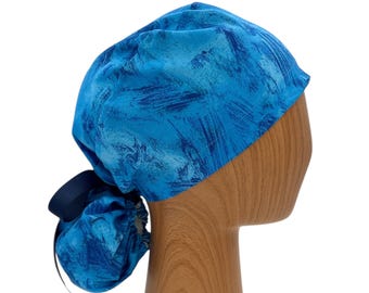Blue Ponytail Scrub Cap in Abstract Print Cotton, Adjustable Hair Cover with Satin Option, Personalized Nurse Hat for Long Hair