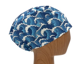 Ocean Wave Euro Scrub Cap in Japanese Cotton, Adjustable Surgical Hat for Long Hair, Embroidered Nurse Cap with Satin Lining Option