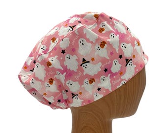 Pink Boo Ghost Halloween Euro Scrub Cap with Satin Lining & Embroidery Personalization Options – Cute Surgical Hat with Pumpkins for Women