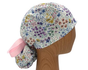 Spring Wildflower Ponytail Scrub Cap with Pink Ribbon, Adjustable Nurse Hat with Embroidery & Satin Lining, Cotton Hair Cover