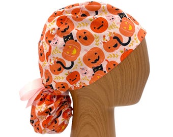 Halloween Pumpkin Ponytail Scrub Cap with Satin Lining, Embroidery Personalization, Surgical Hat for Long Hair with Cats and Jack O Lanterns