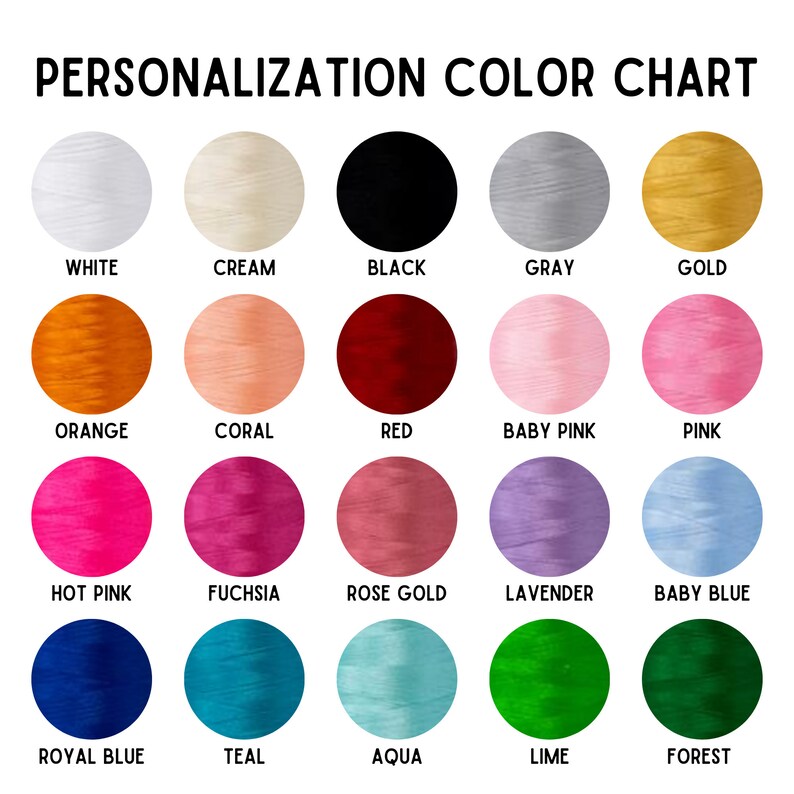 May include: Colour chart displaying 20 different thread colours, including white, cream, black, grey, gold, orange, coral, red, baby pink, pink, hot pink, fuchsia, rose gold, lavender, baby blue, royal blue, teal, aqua, lime, and forest.