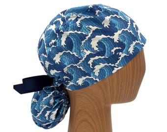 Ocean Wave Ponytail Scrub Cap in Japanese Cotton, Adjustable Hair Cover with Ribbon Tie, Embroidered Nurse Hat with Satin Option