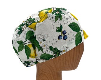 Lemon Fruit Euro Scrub Cap, Summer Citrus Nurse Hat with Blueberries, Roomy Hair Cover, Optional Satin Lining & Name Embroidery