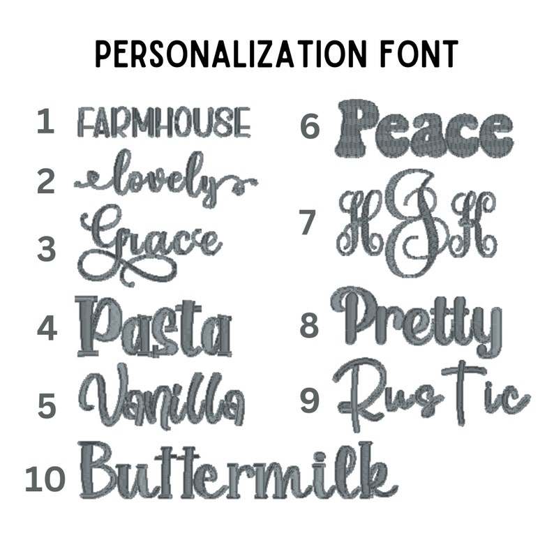 Puede incluir: Un fondo blanco muestra una variedad de fuentes de texto grises etiquetadas del 1 al 10. El texto "PERSONALIZATION FONT" est&aacute; en la parte superior. Las fuentes incluyen "Farmhouse", "lovely", "Grace", "Pasta", "Vanilla", "Peace", "HSH", "Pretty", "Rustic" y "Buttermilk".