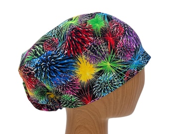 Colorful Fireworks Euro Scrub Cap, Adjustable Surgical Cap, Nurse Scrub Hat, Medical Hair Cover, Long Hair Scrub Cap, Satin Option