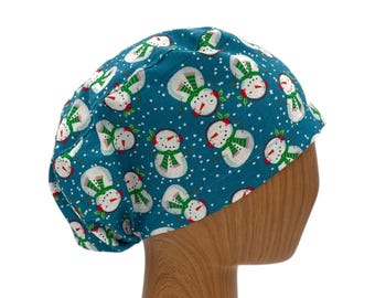 Snowman Christmas Euro Scrub Cap, Satin Lined Option, Embroidery Personalization, Holiday Surgical Hat, Winter Nurse Cap, Snow Print Hat