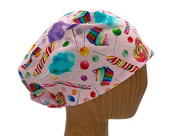 Gorro quirúrgico personalizado con diseño de piruleta rosa, gorro quirúrgico personalizado para mujer con botón, ajustable con elástico, gorro quirúrgico Pixie para enfermera.