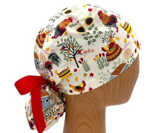 Chicken Print Ponytail Scrub Cap: Farm Animal Cotton Surgery Hat