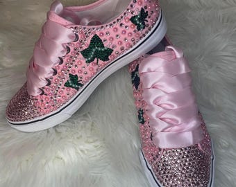 Pink Bling Shoes with Ivy Leaf, Aka Inspired, Pink and Green Shoes, Pearl Aka Shoes