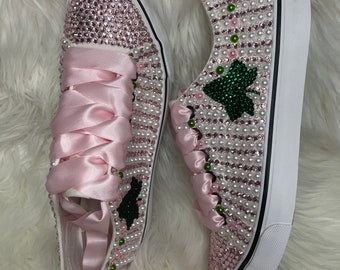 Pink Bling Shoes with Ivy Leaf, Aka Inspired, Pink and Green Shoes