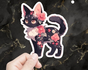 Floral Black Cat Vinyl Sticker - Laptop, Car, Water Bottle Decal