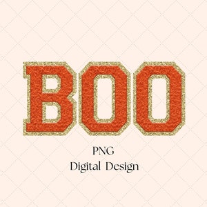 Diseño de sublimación de chenilla falsa BOO PNG, letras de varsity naranjas y doradas, diseños de camisas de Halloween, niños Halloween PNG