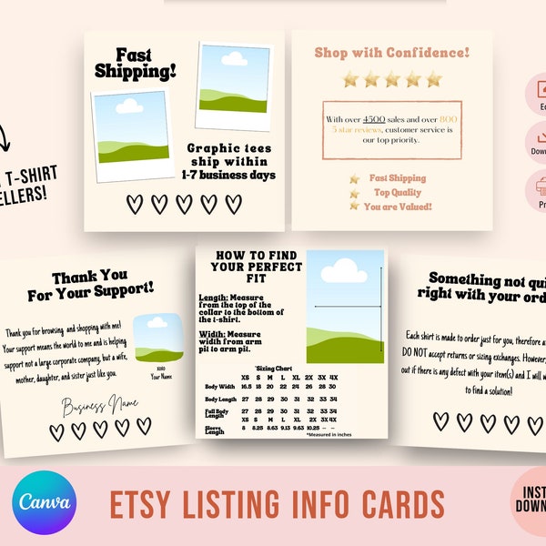 Etsy Product Listing Info-Graphic Photo Cards Template Canva | Edit and Customize, Add Your Logo and Branding | Etsy Sellers, Shop Owners