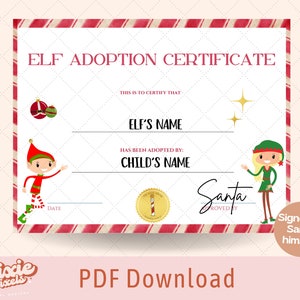 Elf Adoption Certificate for Boy or Girl, Official Holiday Gift from North Pole | Instant PDF Download for Photo or Cardstock Printing