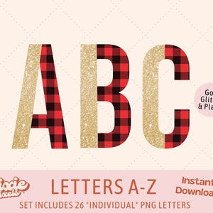 Gold Glitter Buffalo Plaid Alphabet PNG, 26 Uppercase Individual Letters A-Z, Christmas Alphabet Letters Bundle PNG Files for Sublimation