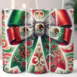 Latino Sublimation Tumbler Design, Mexican Flag Coquette Bow 20oz Tumbler Wrap PNG, Mexican Flag Art Latino PNG, Skinny Tumbler Download
