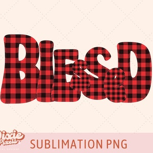 Retro Plaid Blessed PNG Digital Download, Disegni di sublimazione natalizia, PNG per le vacanze, Plaid nero rosso