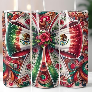 Latino Sublimation Tumbler Design, Mexican Flag Coquette Bow 20oz Tumbler Wrap PNG, Mexican Flag Art Latino PNG, Skinny Tumbler Download