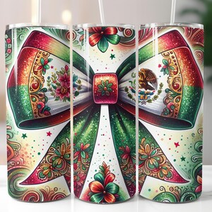 Latino Sublimation Tumbler Design, Mexican Flag Coquette Bow 20oz Tumbler Wrap PNG, Mexican Flag Art Latino PNG, Skinny Tumbler Download