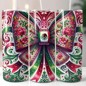 Latino Sublimation Tumbler Design, Mexican Flag Coquette Bow 20oz Tumbler Wrap PNG, Mexican Flag Art Latino PNG, Skinny Tumbler Download