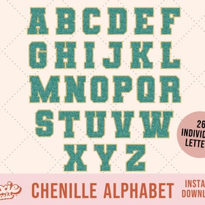 Verde falso Chenille Alfabeto PNG, letras difusas, brillo dorado, diseños de sublimación navideña de moda, descarga instantánea, diseños de camisas navideñas
