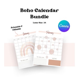 Boho Calendar Bundle | Printable Calendar, Desk Calendar, Editable Portrait Monthly Calendars, & Yearly Review in A4 A5 Letter Size